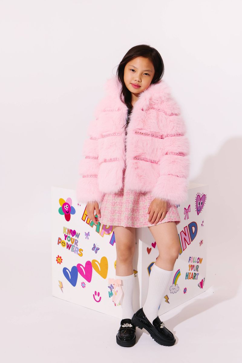 Lola and the Boys Cotton Candy Gem Faux Fur modeled in studio