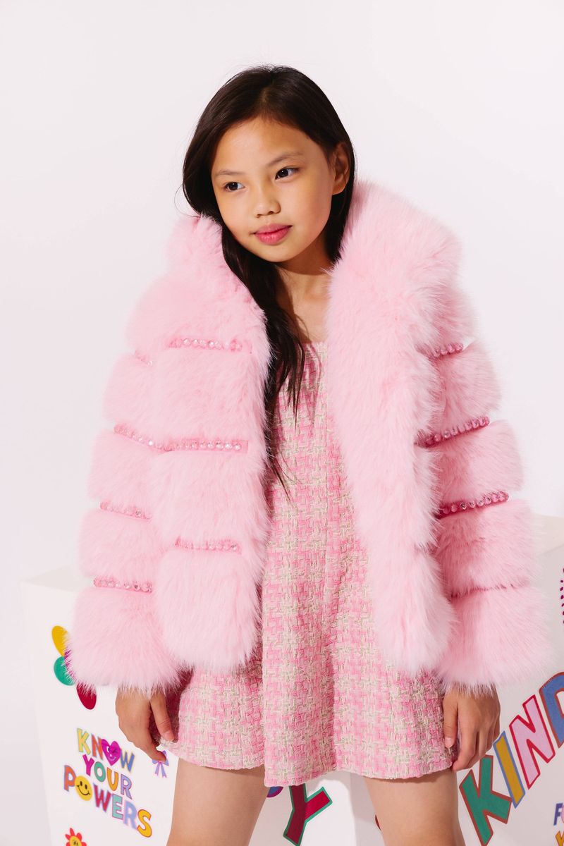 Girl modeling the Lola and the Boys Cotton Candy Gem Faux Fur