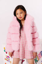 Girl modeling the Lola and the Boys Cotton Candy Gem Faux Fur
