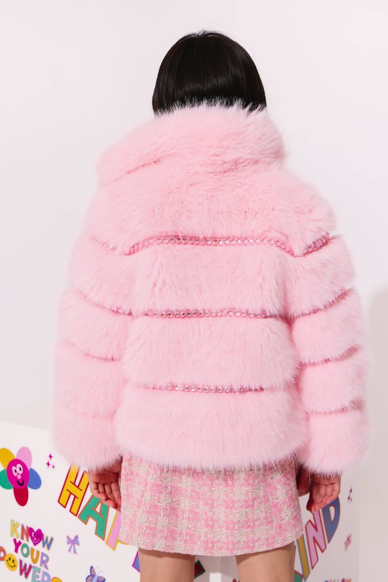 Model wearing the Lola and the Boys Cotton Candy Gem Faux Fur, rear view