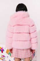 Model wearing the Lola and the Boys Cotton Candy Gem Faux Fur, rear view