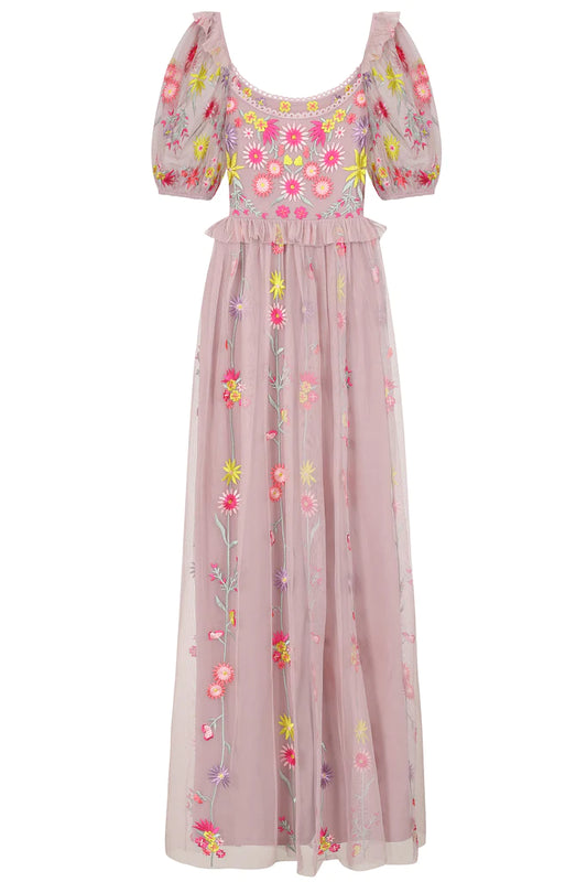 Luscinia Blush All Over Floral Embroidered Maxi Dress