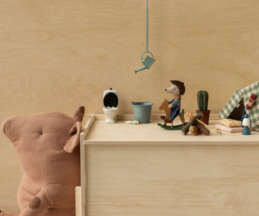Styled play scene of Maileg Cowboy Mouse on Rocking Horse || Little Brother