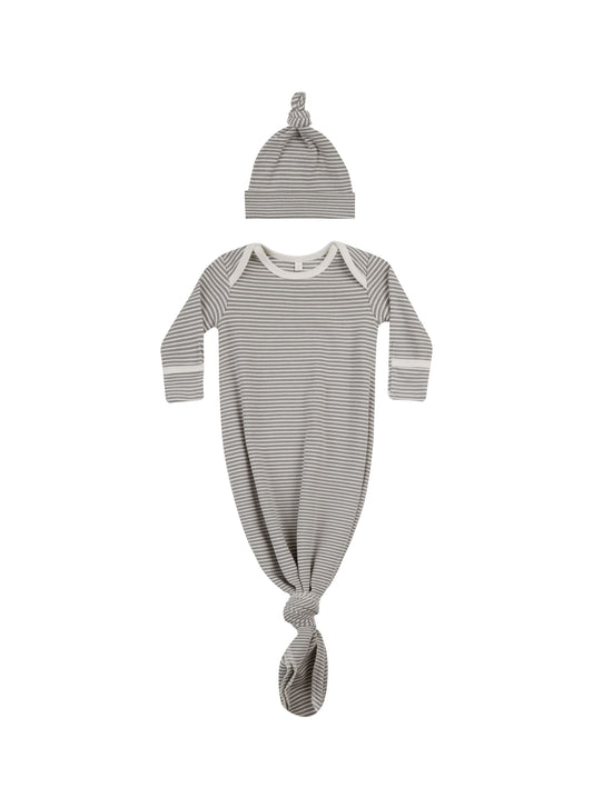 knotted baby gown + hat set || lagoon micro stripe