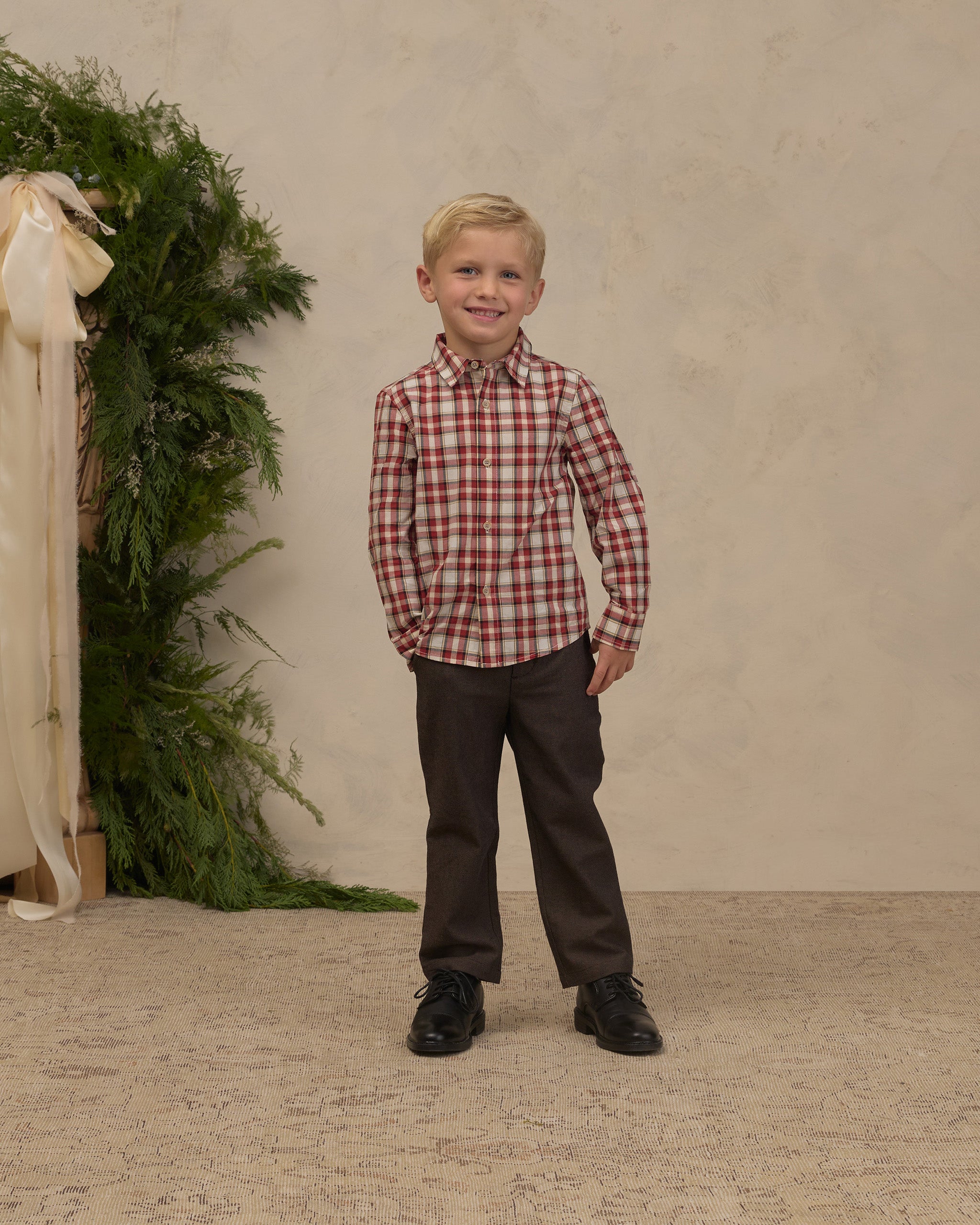 Noralee Harrison Button-Down in Holiday Tartan full length styled studio model photo