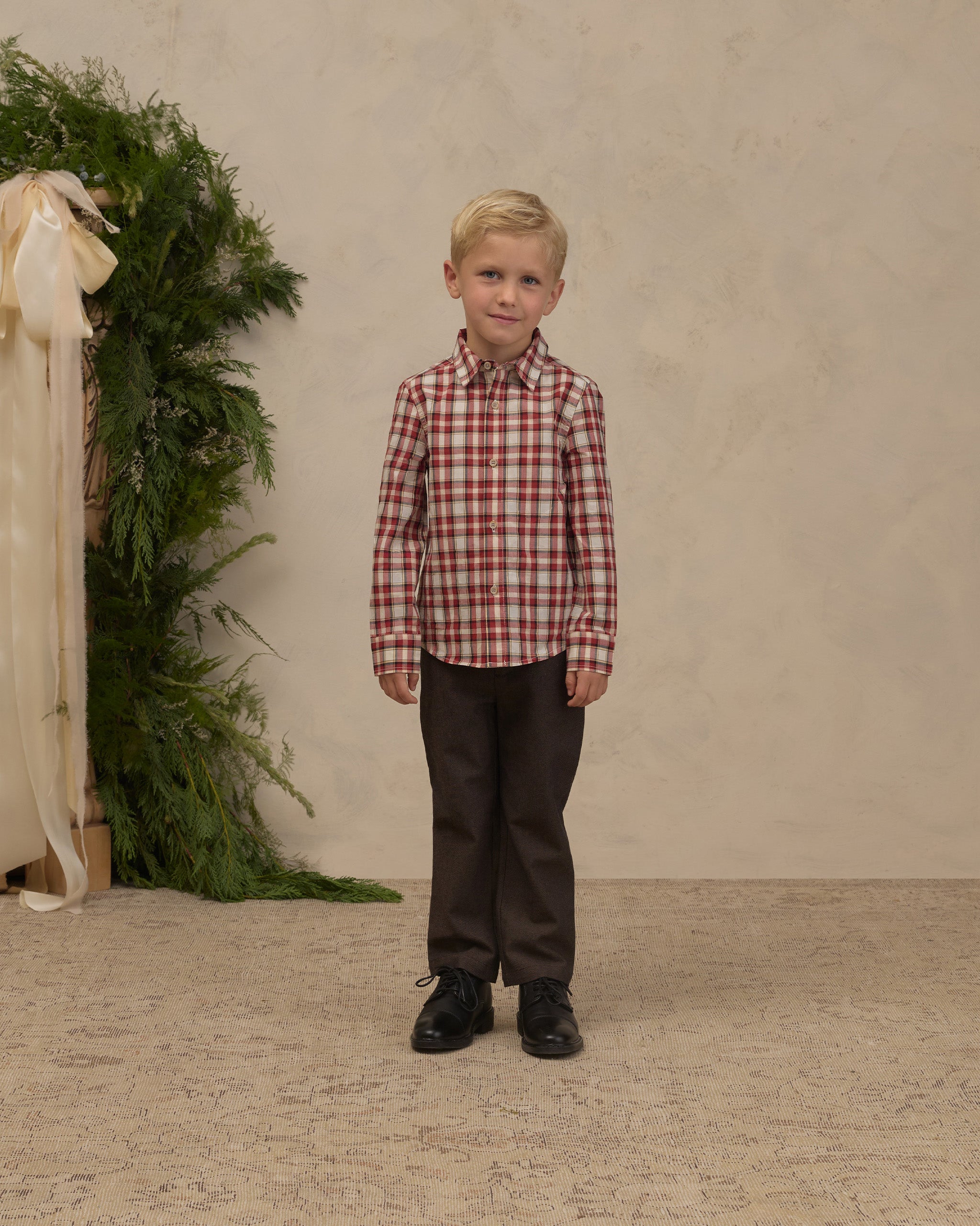 Noralee Harrison Button-Down in Holiday Tartan studio model full length photo