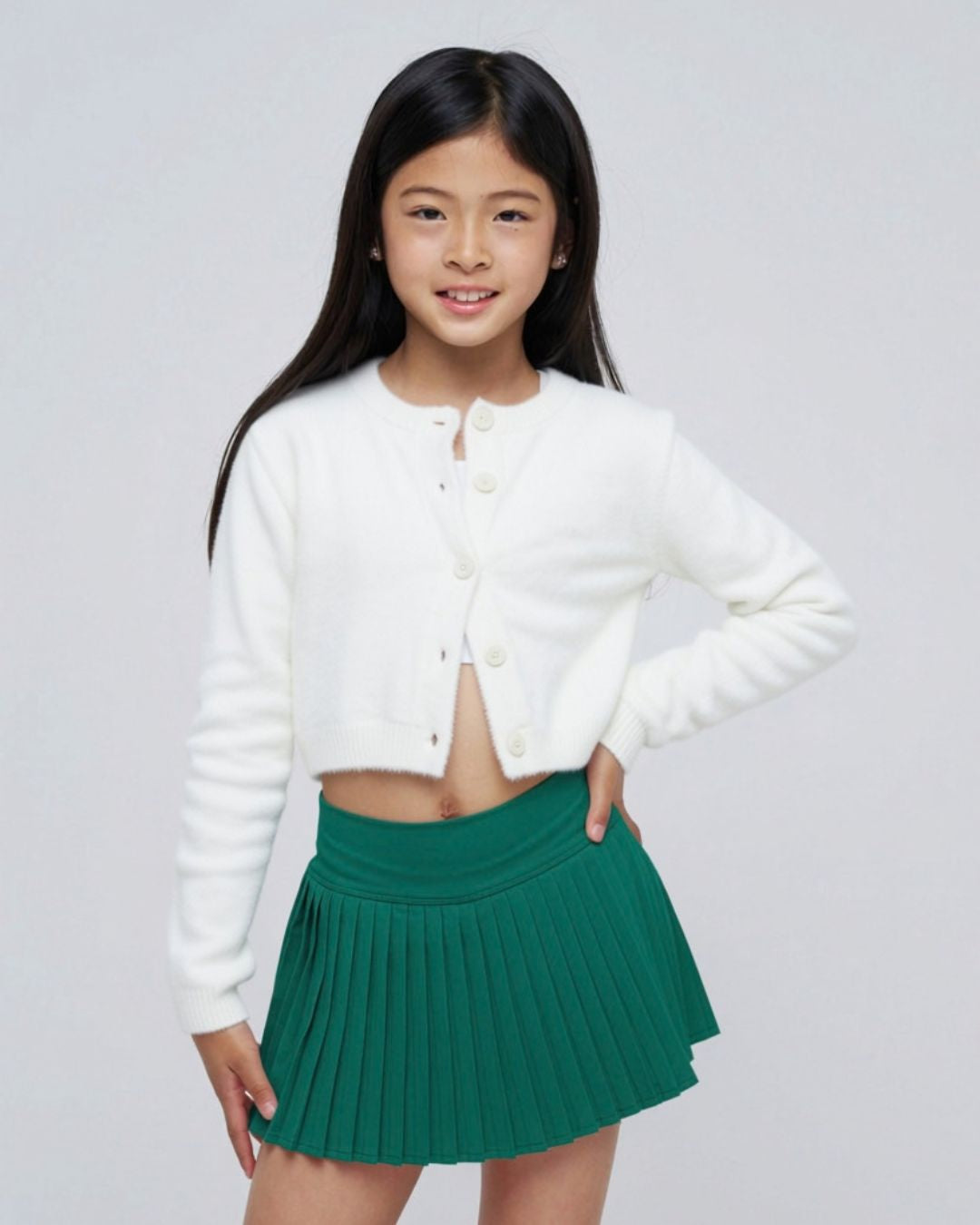 Parfum de Fit Pleated Mini Skirt Evergreen Noir on model with White sweater front pose.