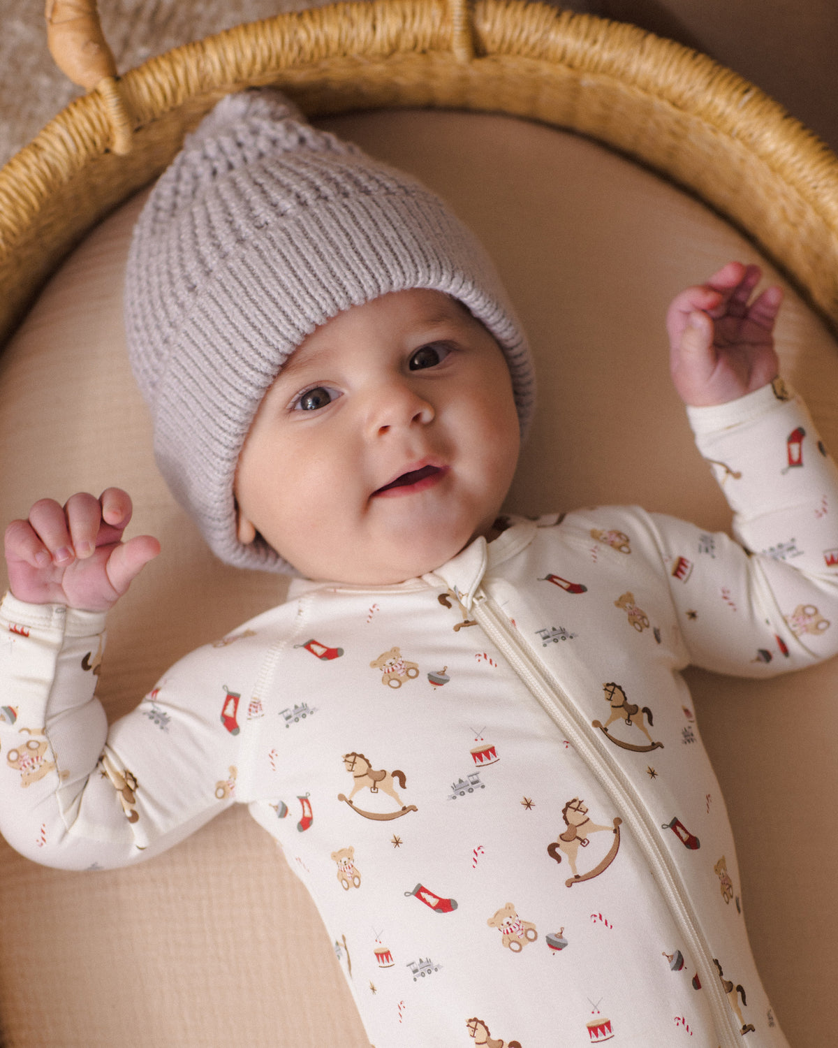 Baby model portrait Quincy Mae Baby Bamboo Zip Footie in Toy Chest