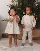 Quincy Mae Darla Dress in Gingerbread, Quincy Mae Relaxed Fleece Baby Sweatpant in Gingerbread, and Quincy Mae Relaxed Fleece Baby Sweatshirt in Gingerbread sister matching brother