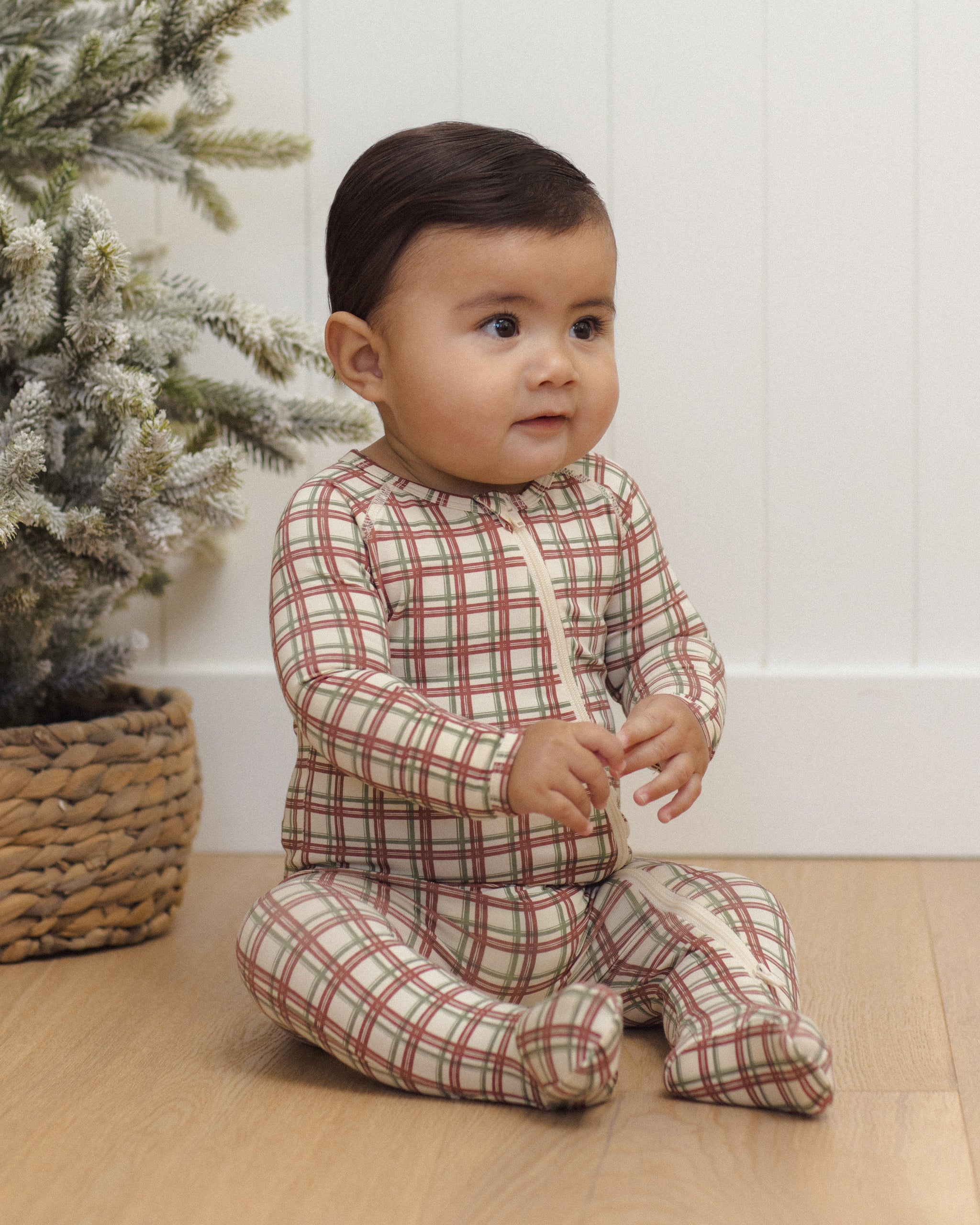 Quincy Mae Bamboo Baby Zip Footie in Redwood Check infant model lifestyle photo