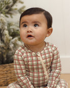 Quincy Mae Bamboo Baby Zip Footie in Redwood Check lifestyle model portrait