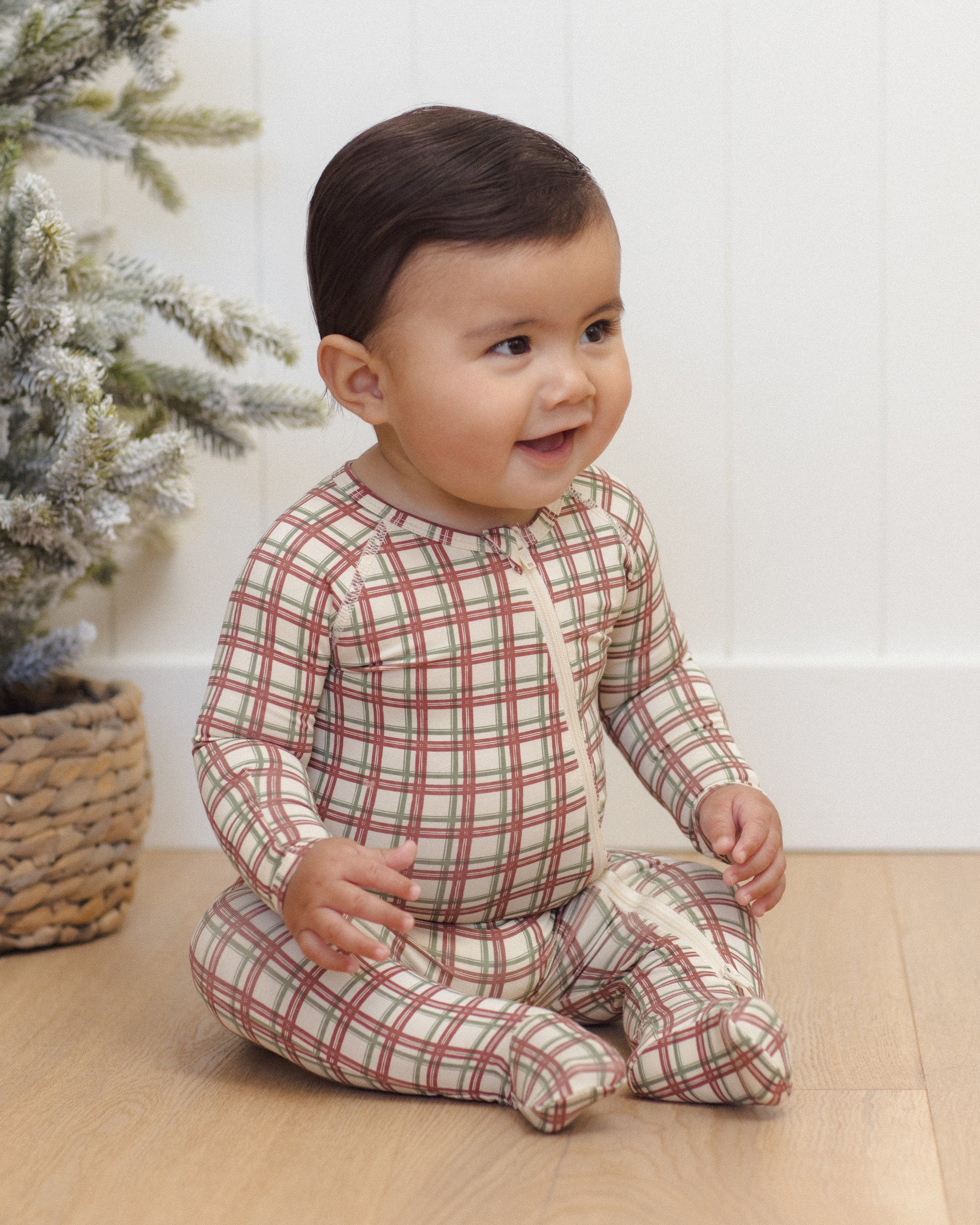 Quincy Mae Bamboo Baby Zip Footie in Redwood Check baby model photo