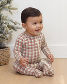 Quincy Mae Bamboo Baby Zip Footie in Redwood Check baby model photo
