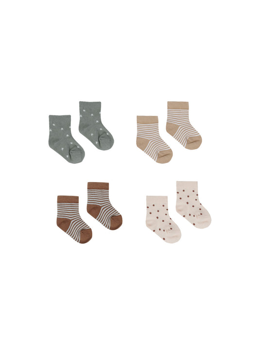 printed socks, set of 4 | latte stripe, stars, dot
