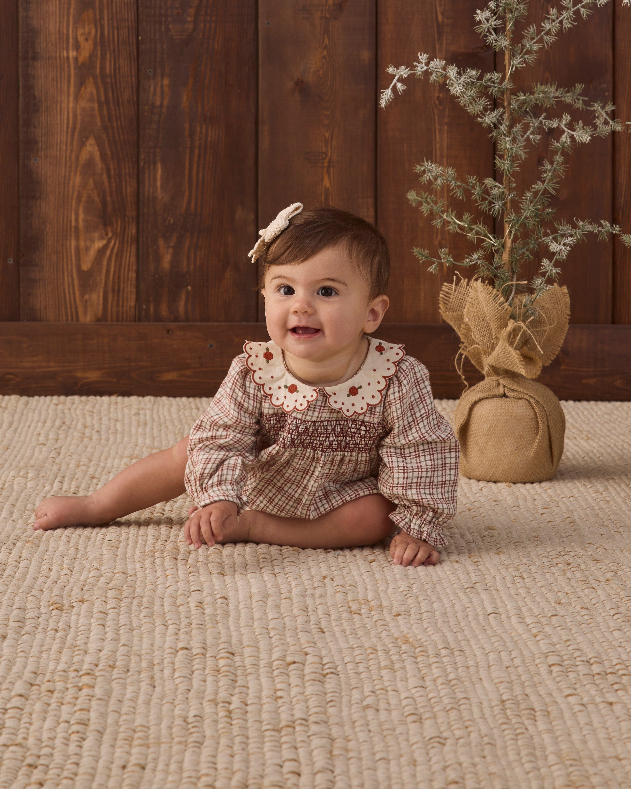 Quincy Mae Baby Callie Romper in Christmas Plaid studio model photo