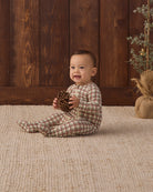 Quincy Mae Bamboo Baby Zip Footie in Redwood Check studio model photo