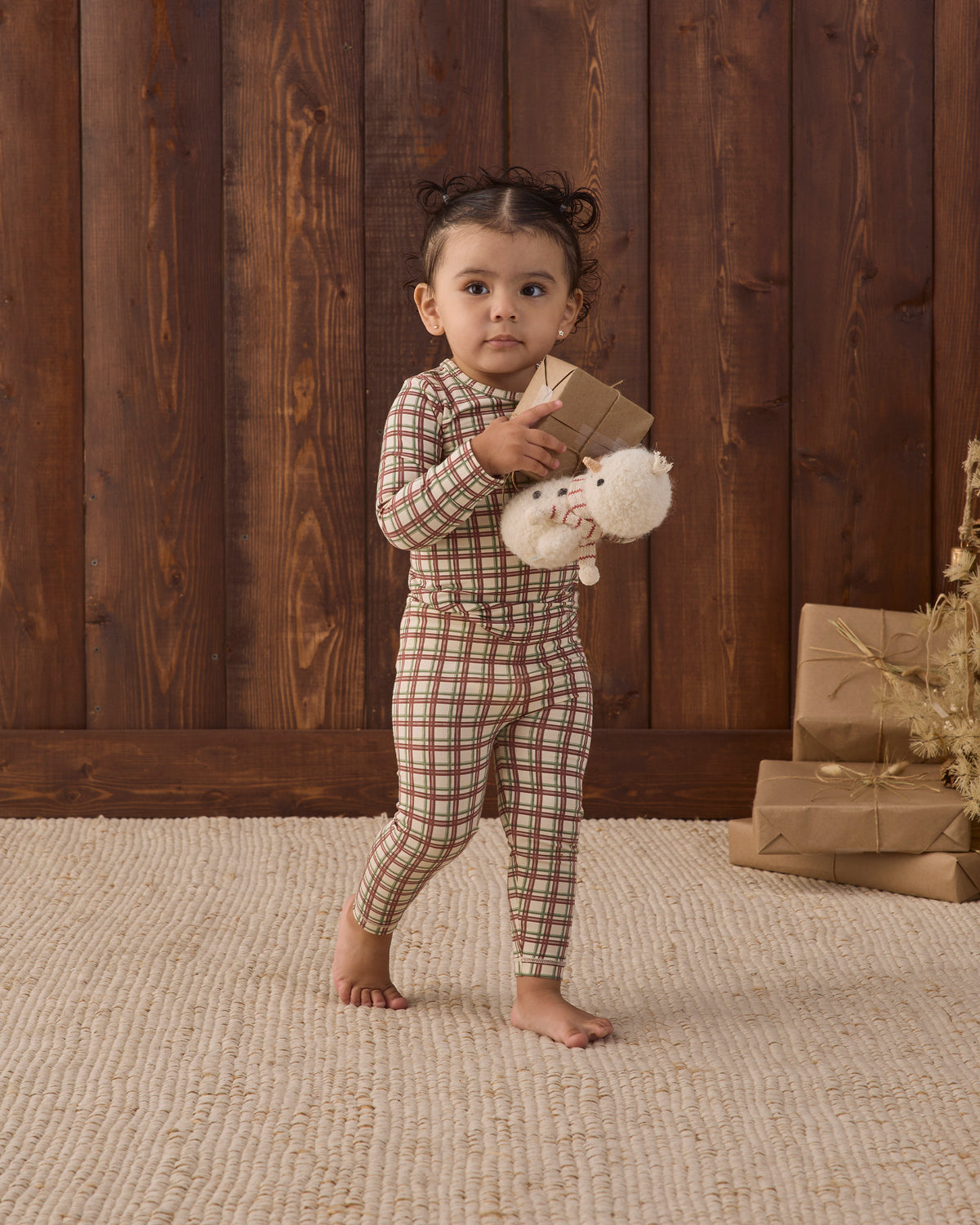 Quincy Mae Baby Bamboo Pajama Set in Redwood Check studio baby model photo