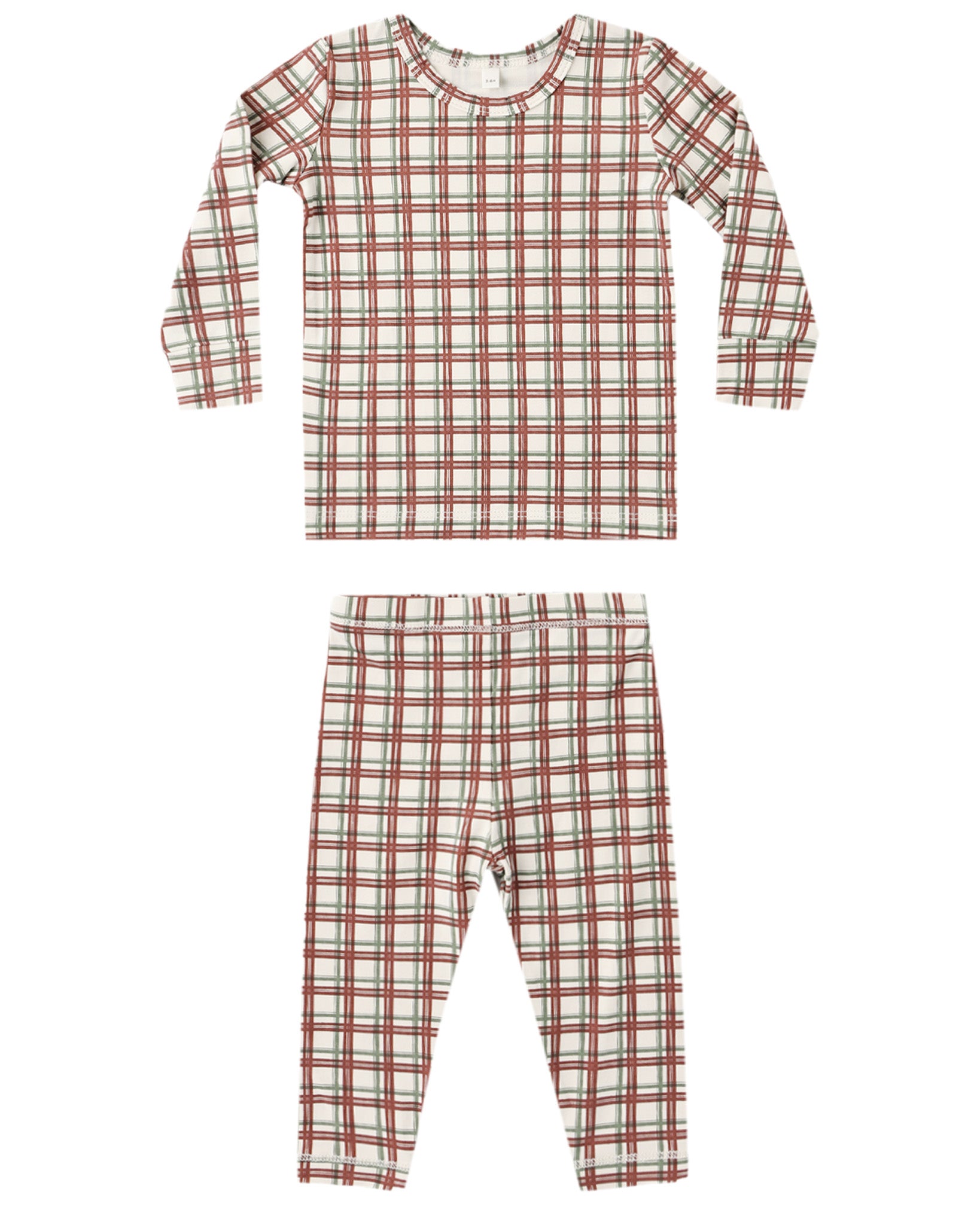 Quincy Mae Baby Bamboo Pajama Set in Redwood Check flat lay