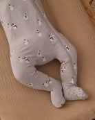 Close up details of Quincy Mae Baby Bamboo Zip Footie in Snowman