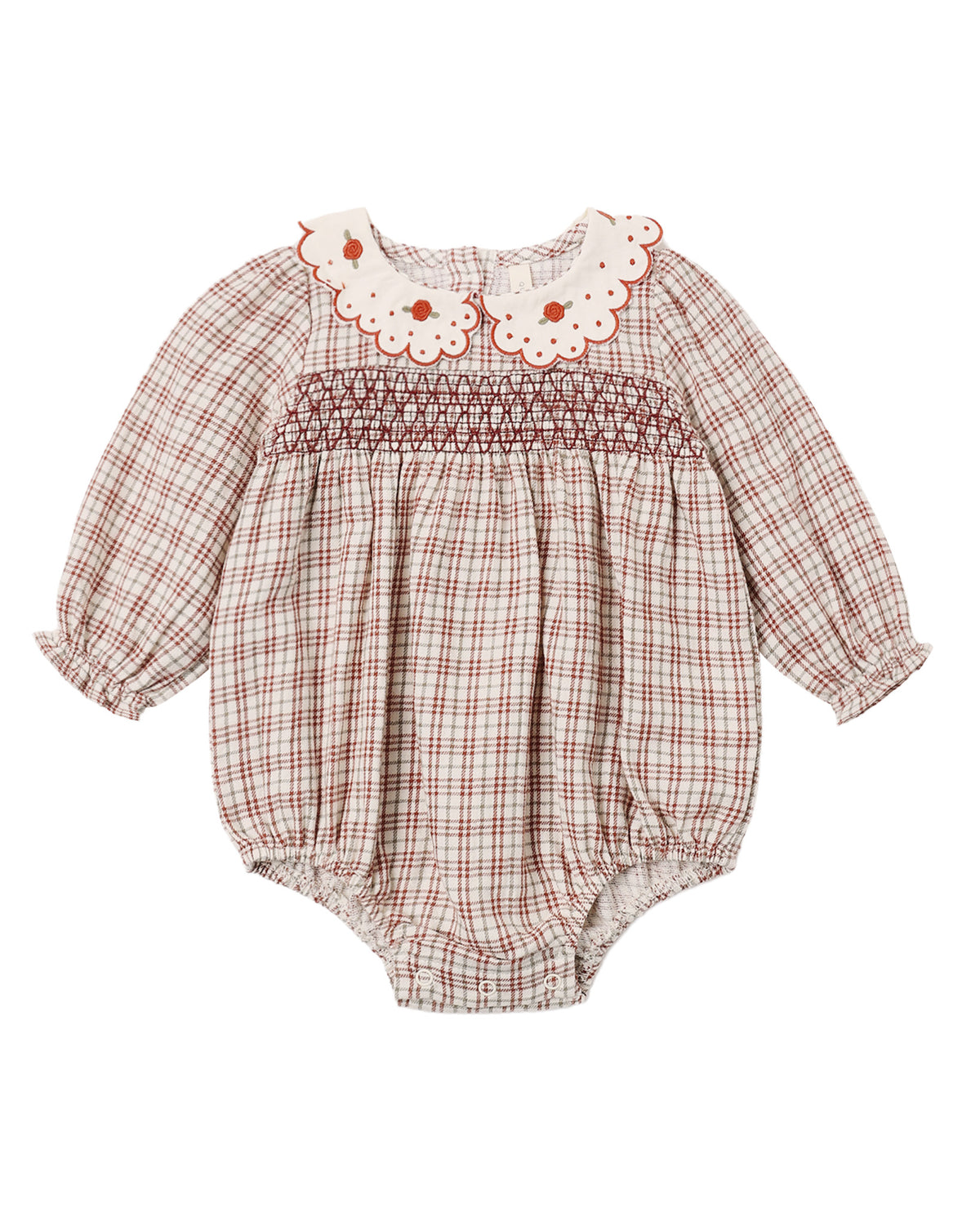 Quincy Mae Baby Callie Romper in Christmas Plaid flat lay