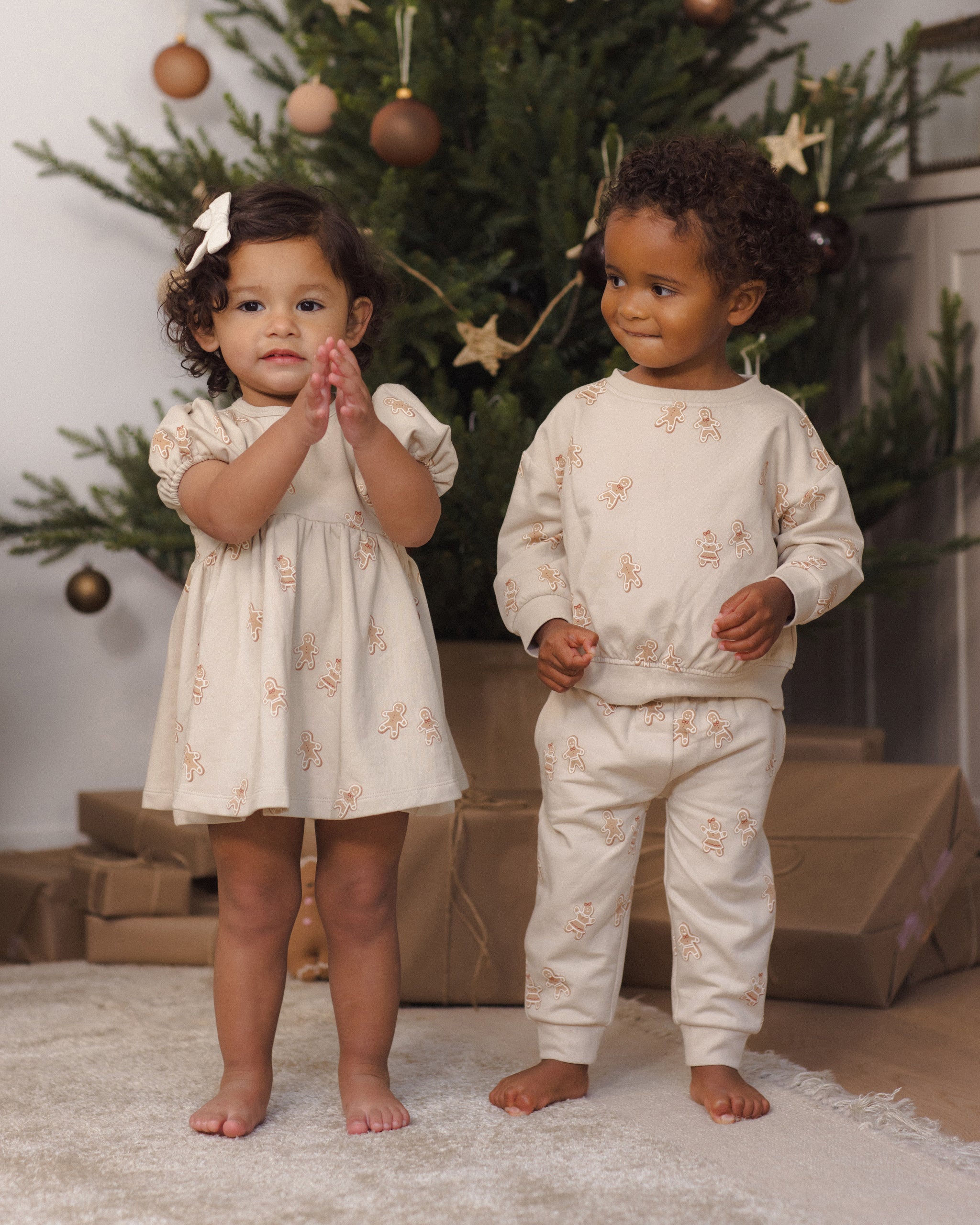 Quincy Mae Darla Dress in Gingerbread, Quincy Mae Relaxed Fleece Baby Sweatshirt in Gingerbread, and Quincy Mae Relaxed Fleece Baby Sweatpant in Gingerbread sibling matching for baby/toddlers boys and girls