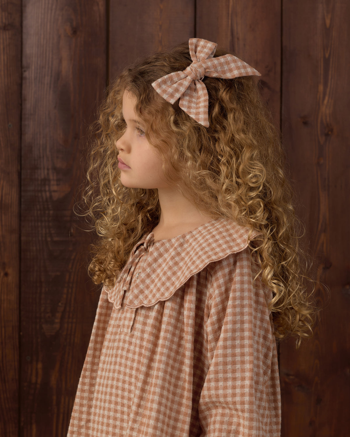 Close-up detail of girl wearing the Rylee + Cru Collette Mini Dress | Fawn Gingham