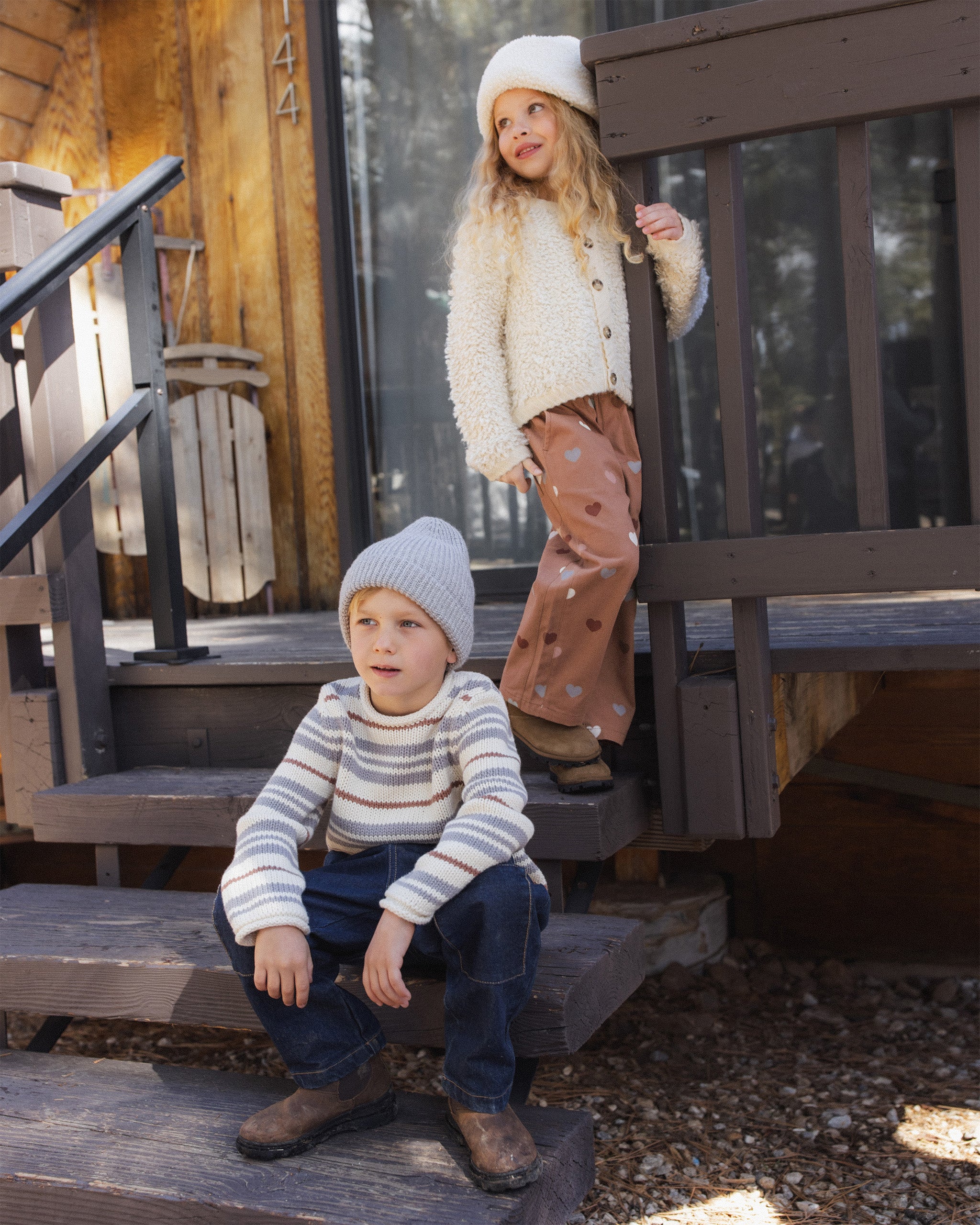Boy wearing the Rylee + Cru Jacques Sweater | Dusty Blue Stripe