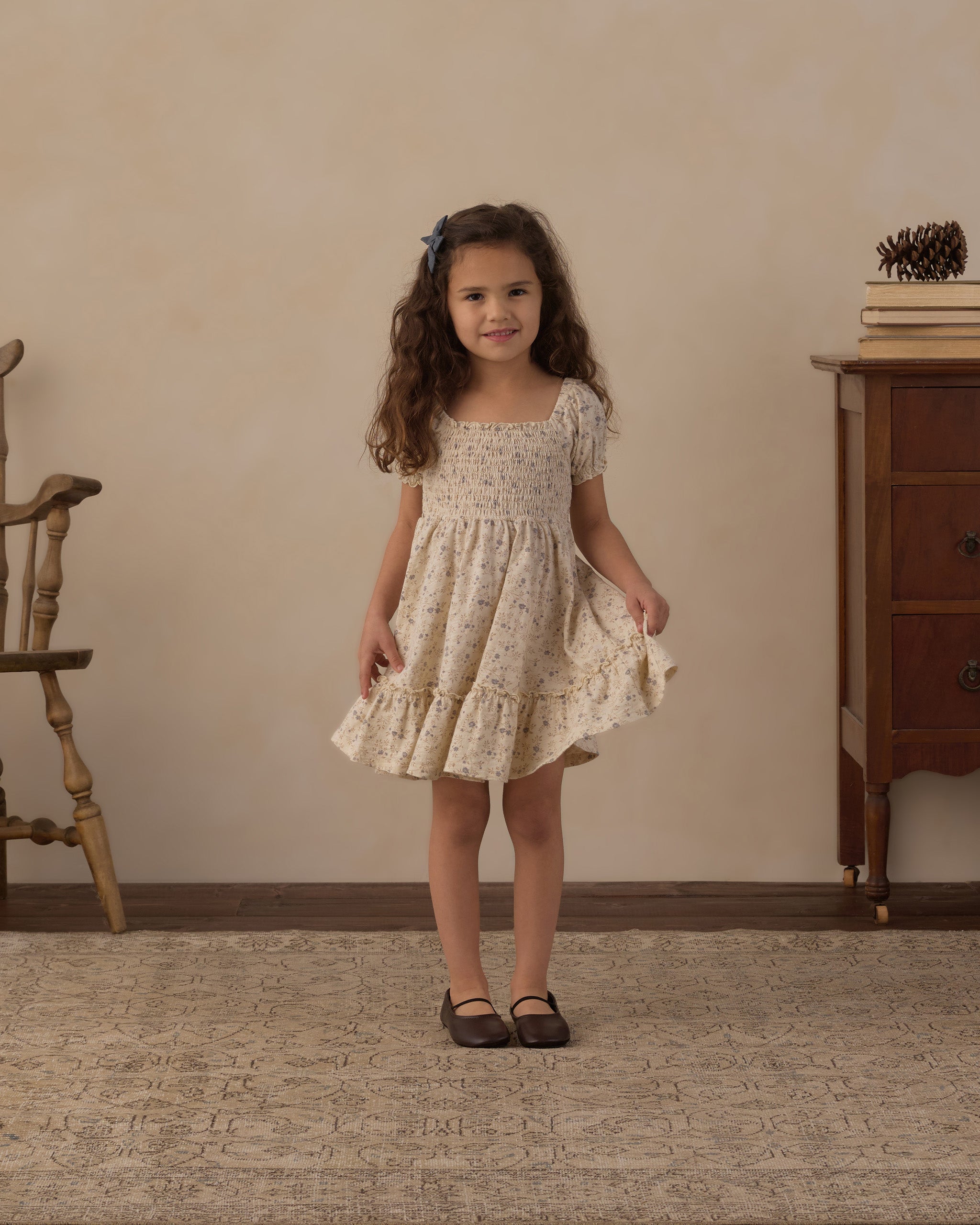 Girl wearing the Rylee + Cru Sage Jersey Dress in "Meadow"