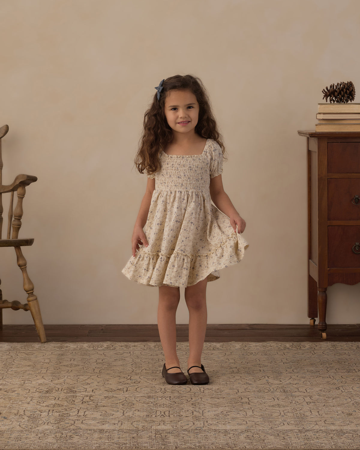 Girl wearing the Rylee + Cru Sage Jersey Dress in "Meadow"