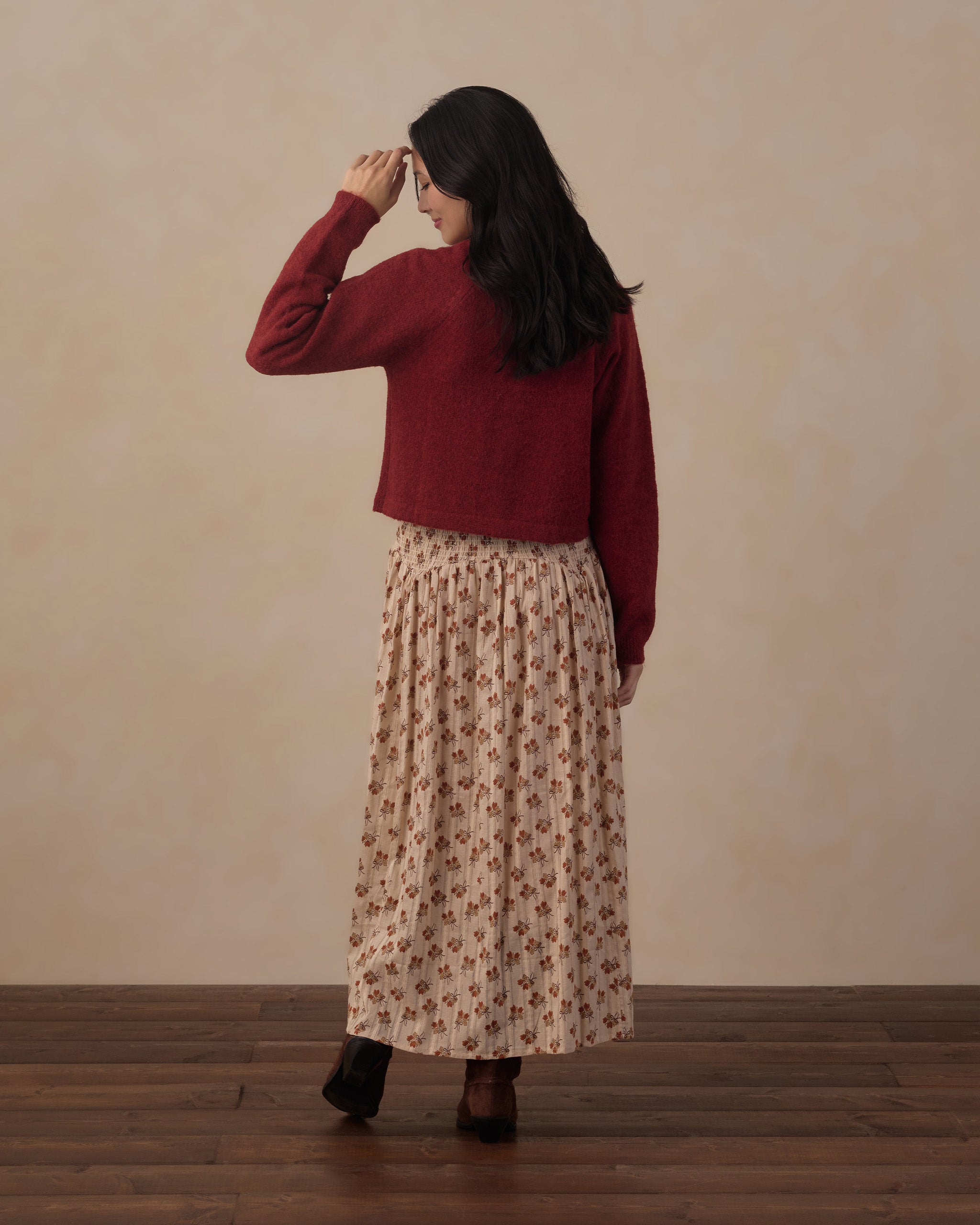 Rylee + Cru Women's Fuzzy Cardigan | Ruby back model view