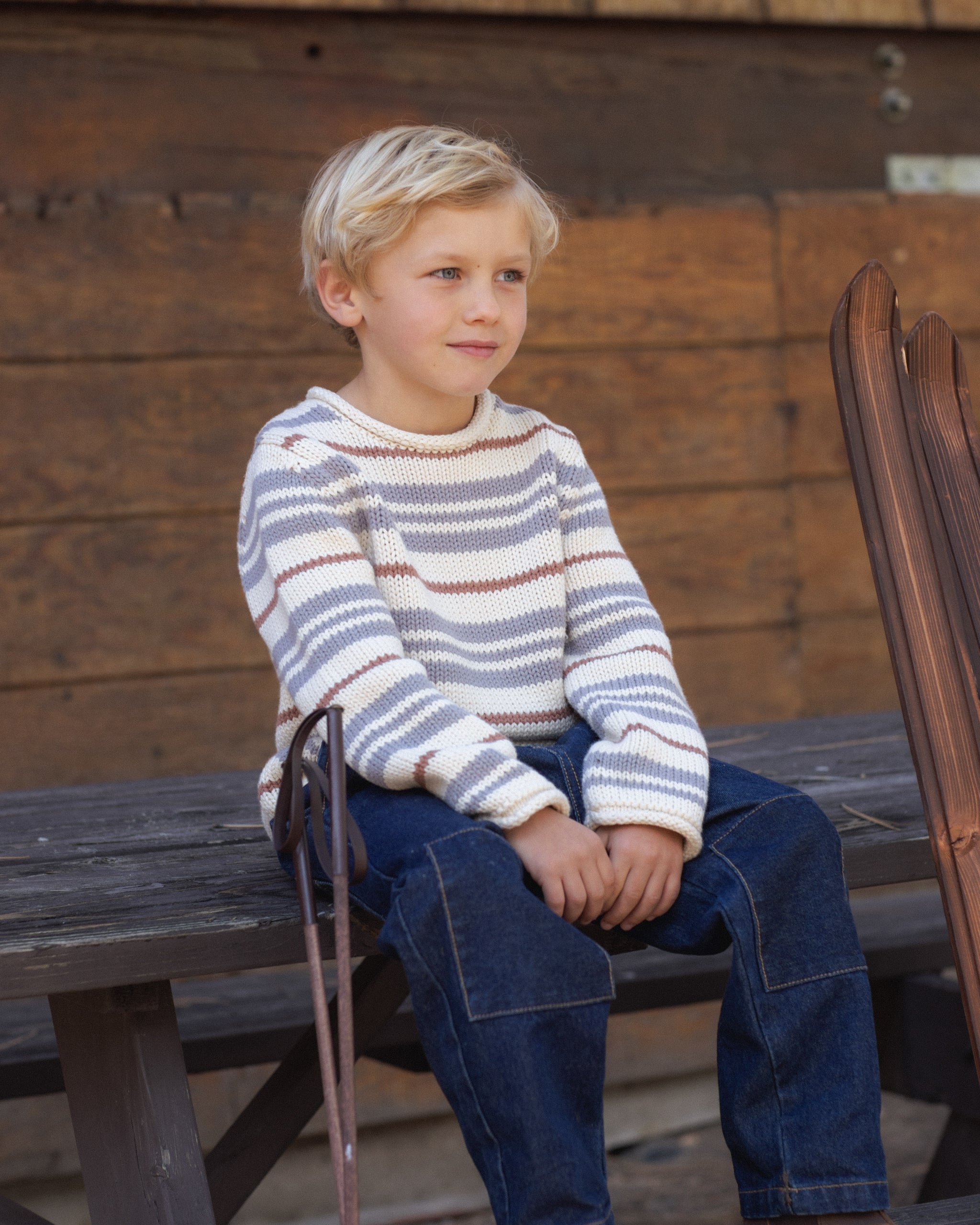 Boy wearing the Rylee + Cru Jacques Sweater | Dusty Blue Stripe