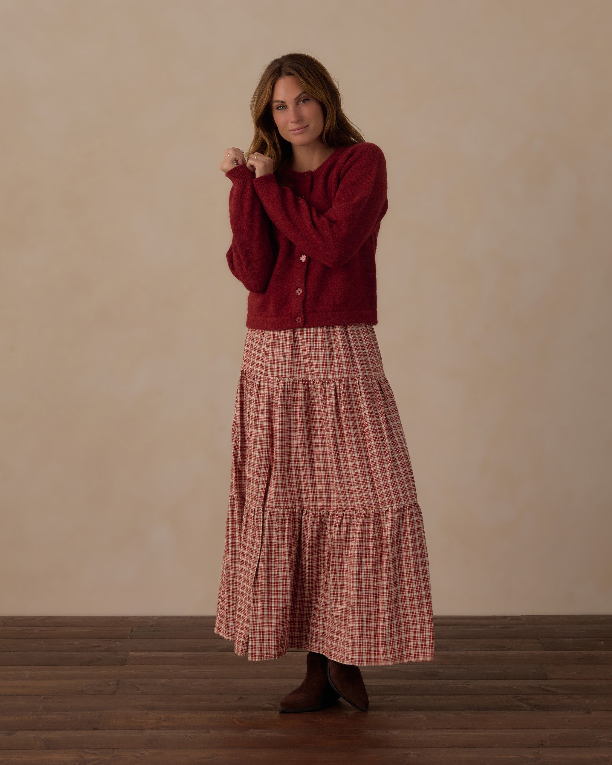 Rylee + Cru Women's Tiered Midi Skirt | Vintage Plaid and Rylee + Cru Women's Fuzzy Cardigan | Ruby