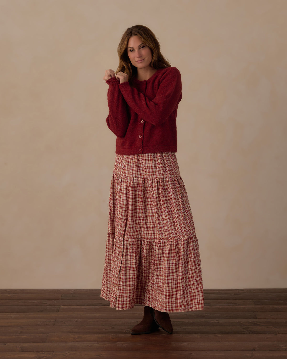Rylee + Cru Women's Tiered Midi Skirt | Vintage Plaid and Rylee + Cru Women's Fuzzy Cardigan | Ruby