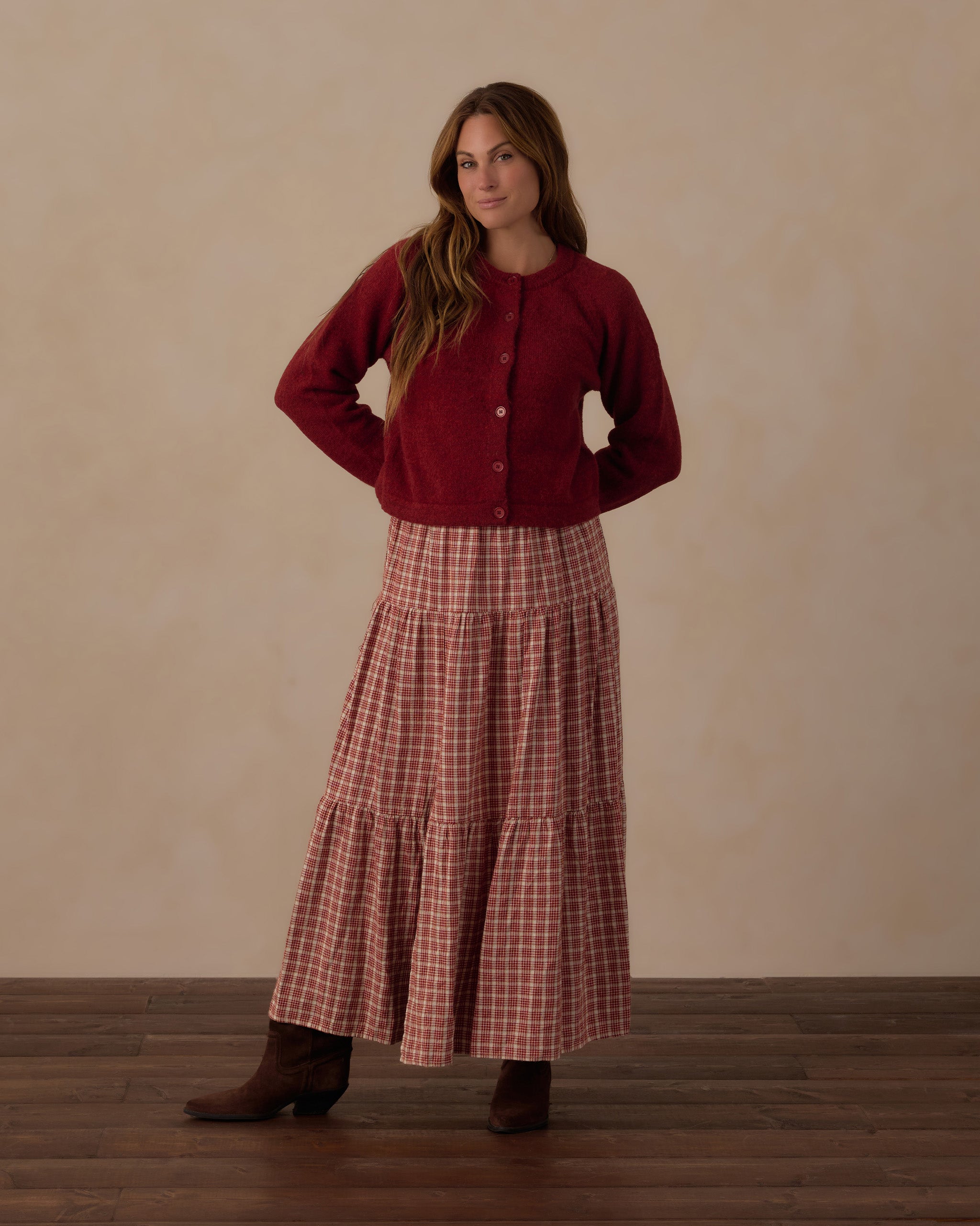 Ryle + Cru Women's Tiered Midi Skirt | Vintage Plaid and Rylee + Cru Women's Fuzzy Cardigan | Ruby
