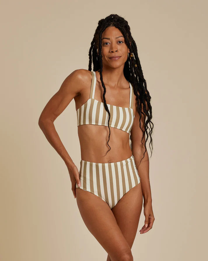 high waisted hipster bikini bottom | olive stripe