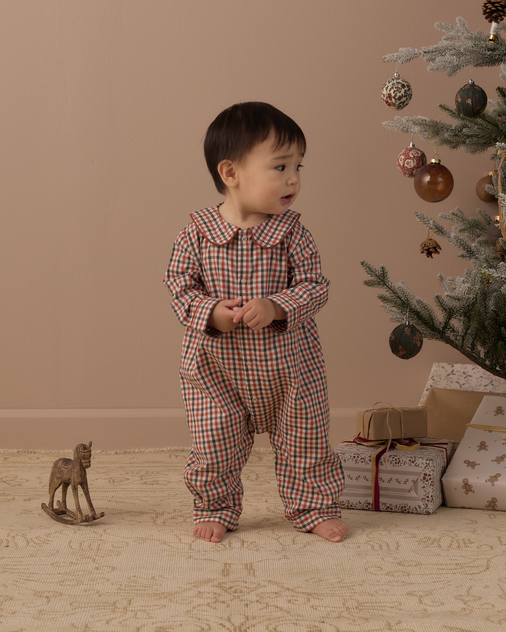 Rylee + Cru Baby Pajama Romper | Holiday Gingham full model