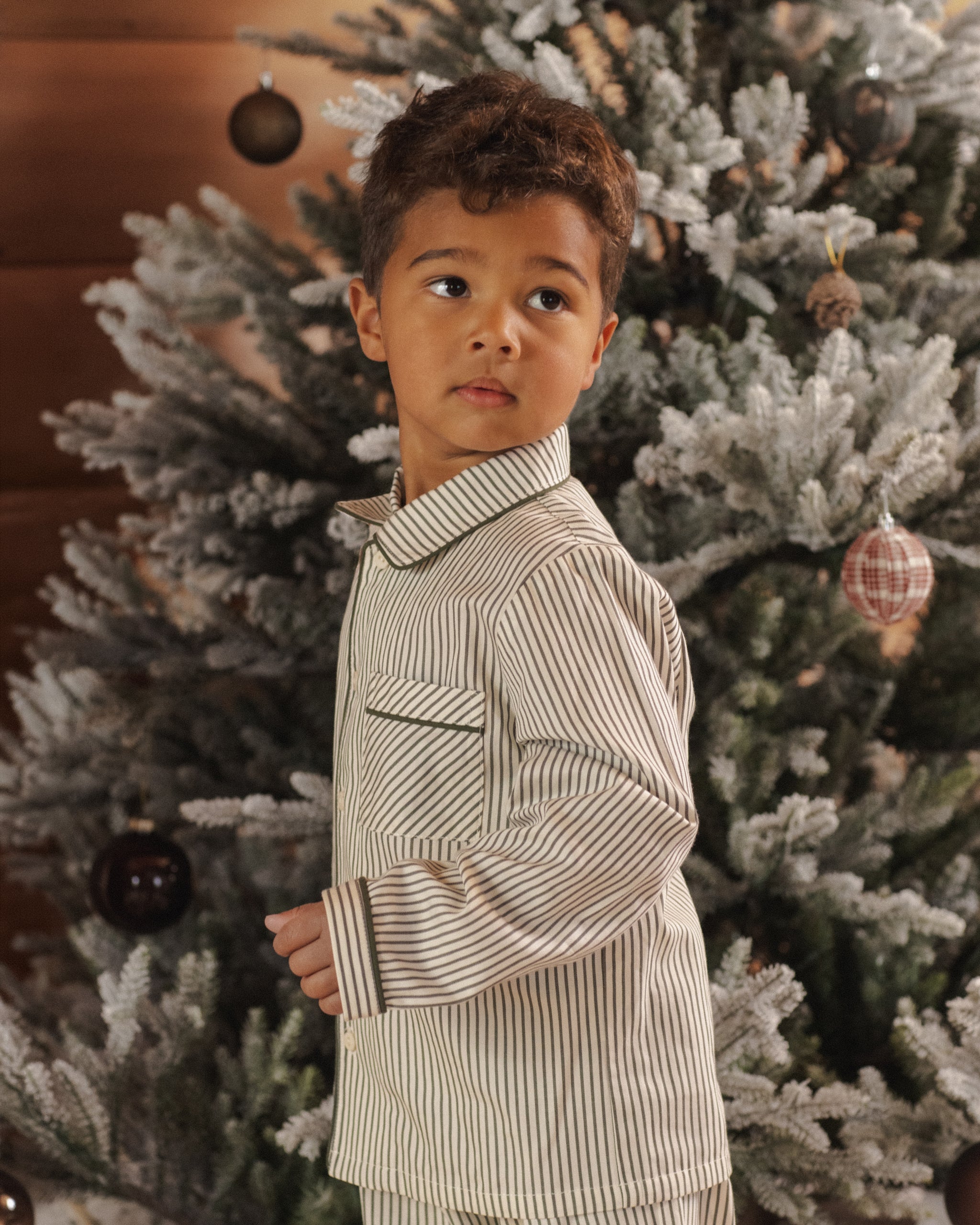 Rylee + Cru Boy's Long Sleeve Pajamas | Evergreen Stripes Lifestyle Model Photo