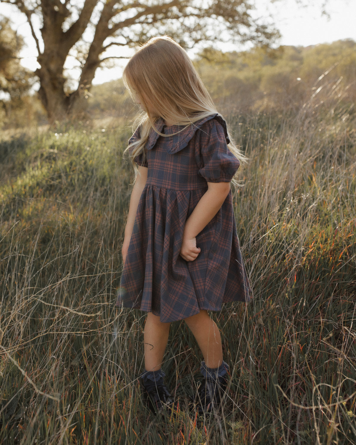 Rylee + Cru Camille Dress | Midnight Plaid lifestyle shot