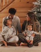 Lifestyle Models Rylee + Cru Men's Pajama Pant | Evergreen Stripe Family Pajamas and Rylee + Cru Boy's Long Sleeve Pajamas | Evergreen Stripes