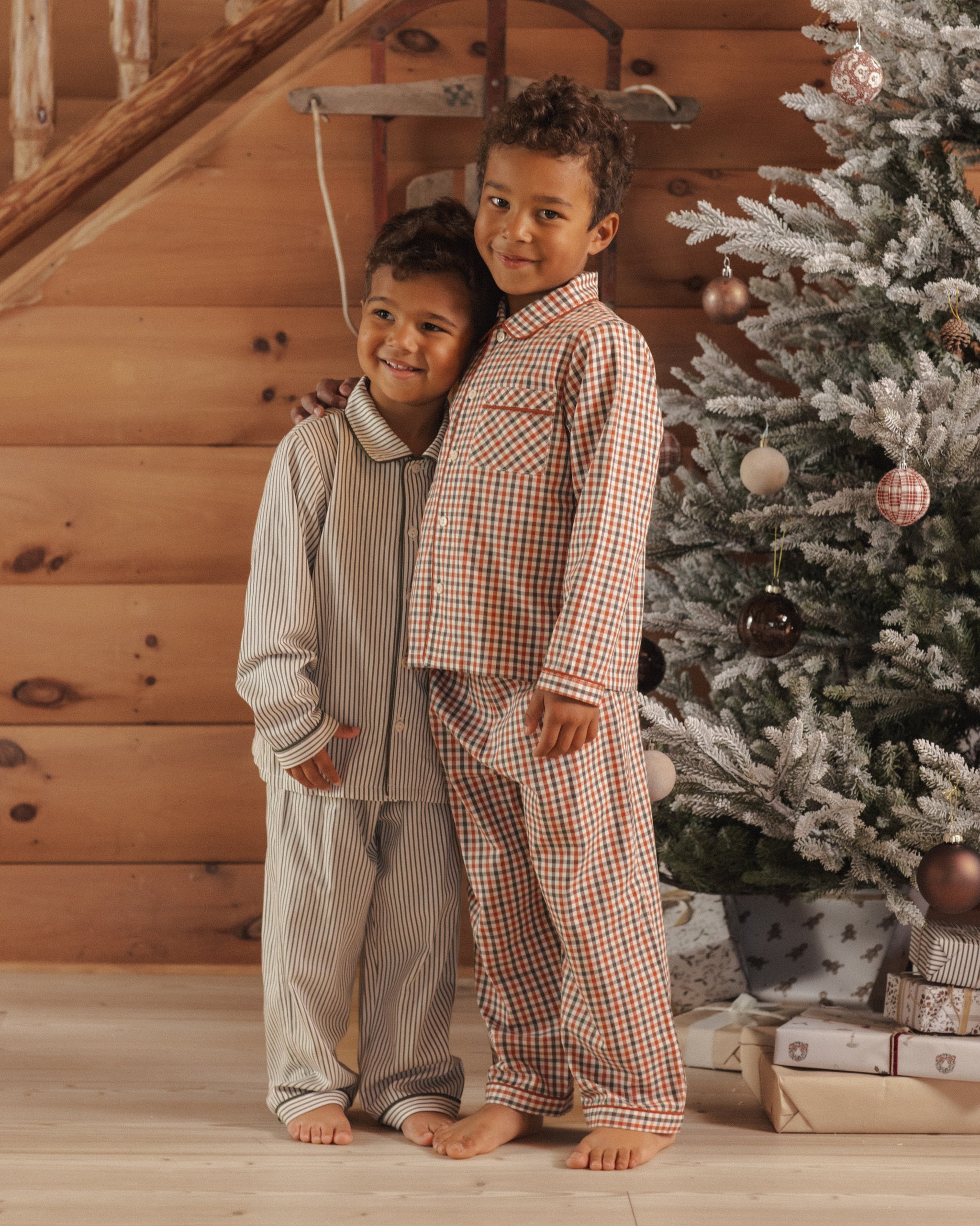 Family Matching Pajamas for the Holidays Rylee + Cru Long Sleeve Pajamas | Holiday Gingham and Rylee + Cru Boy's Long Sleeve Pajamas | Evergreen Stripes Brothers Pajama Sets