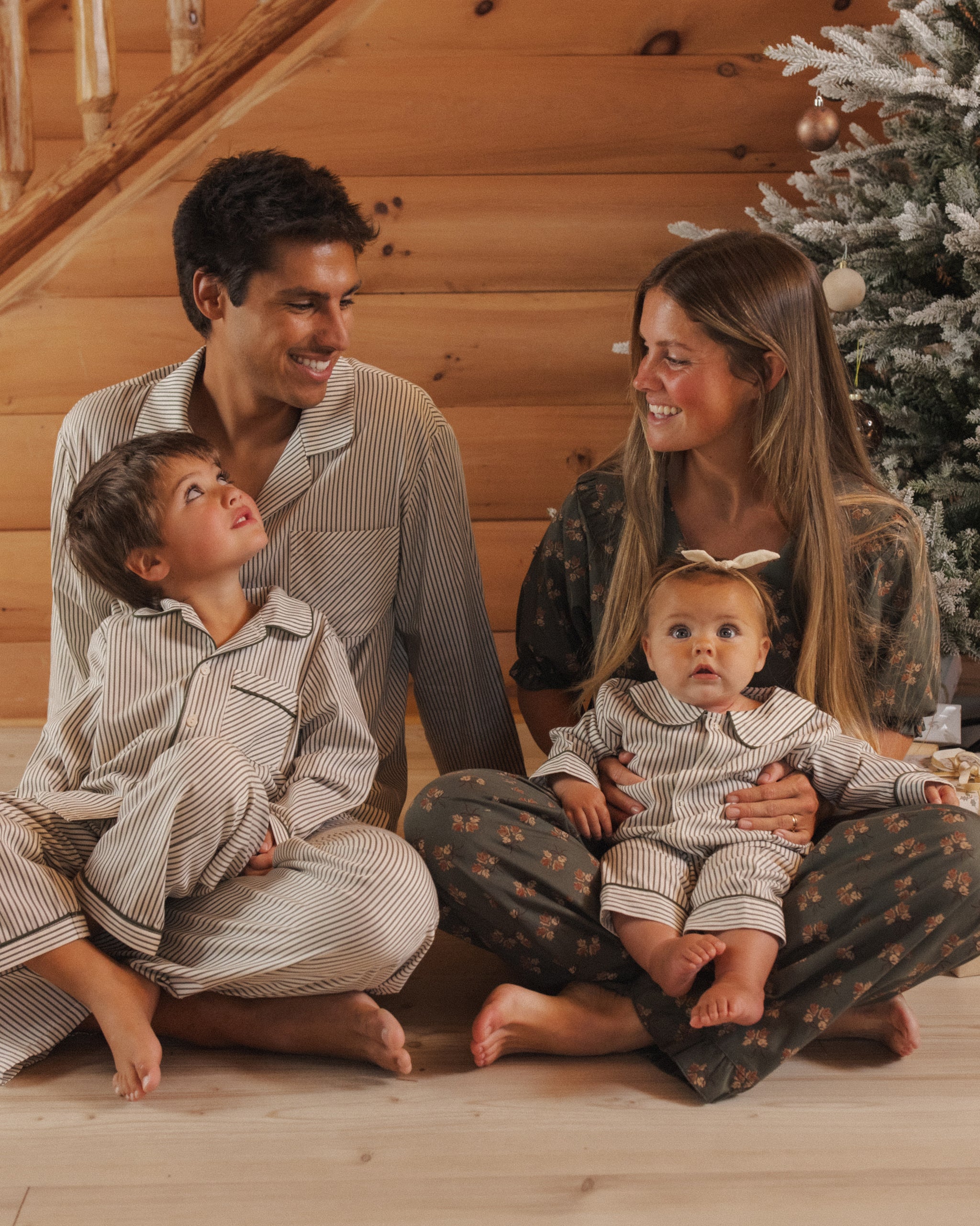 Lifestyle Portrait Rylee + Cru Men's Pajama Pant | Evergreen Stripe and Rylee + Cru Boy's Long Sleeve Pajamas | Evergreen Stripes