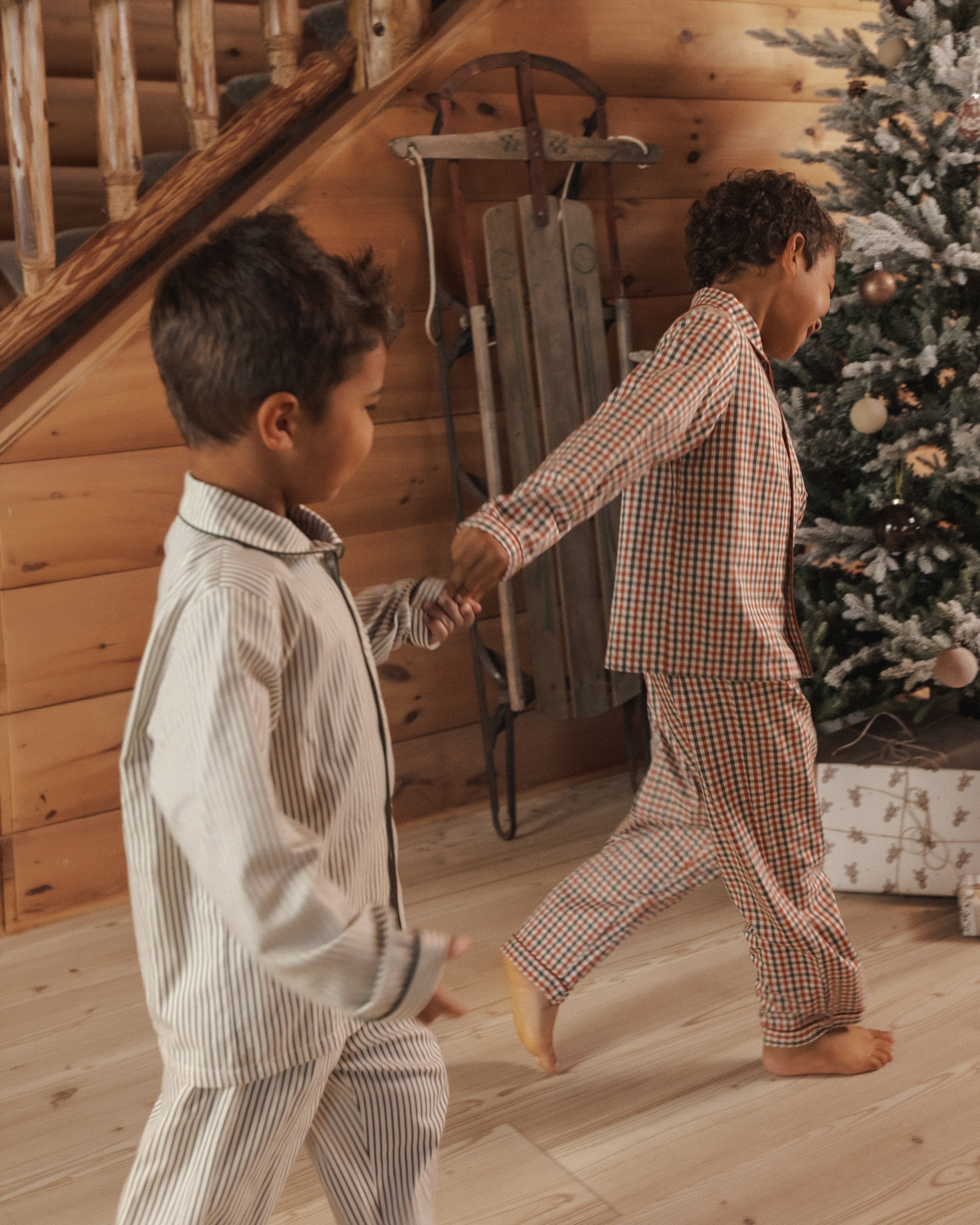 Family Matching Pajamas Rylee + Cru Long Sleeve Pajamas | Holiday Gingham and Rylee + Cru Boy's Long Sleeve Pajamas | Evergreen Stripes Models Lifestyle Photo