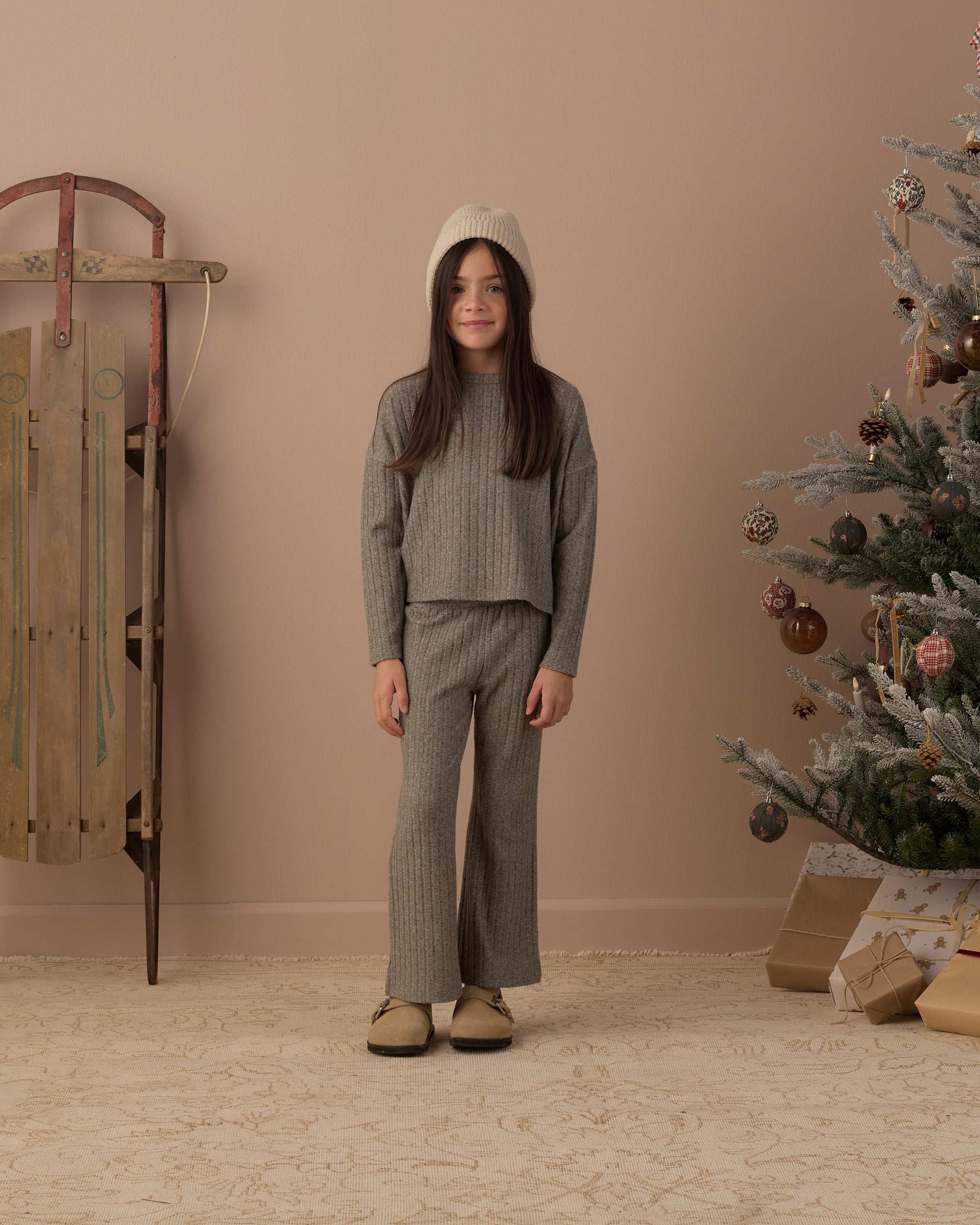 Rylee + Cru Girl's Cozy Rib Knit Set | Evergreen Full Length Model Studio Photo