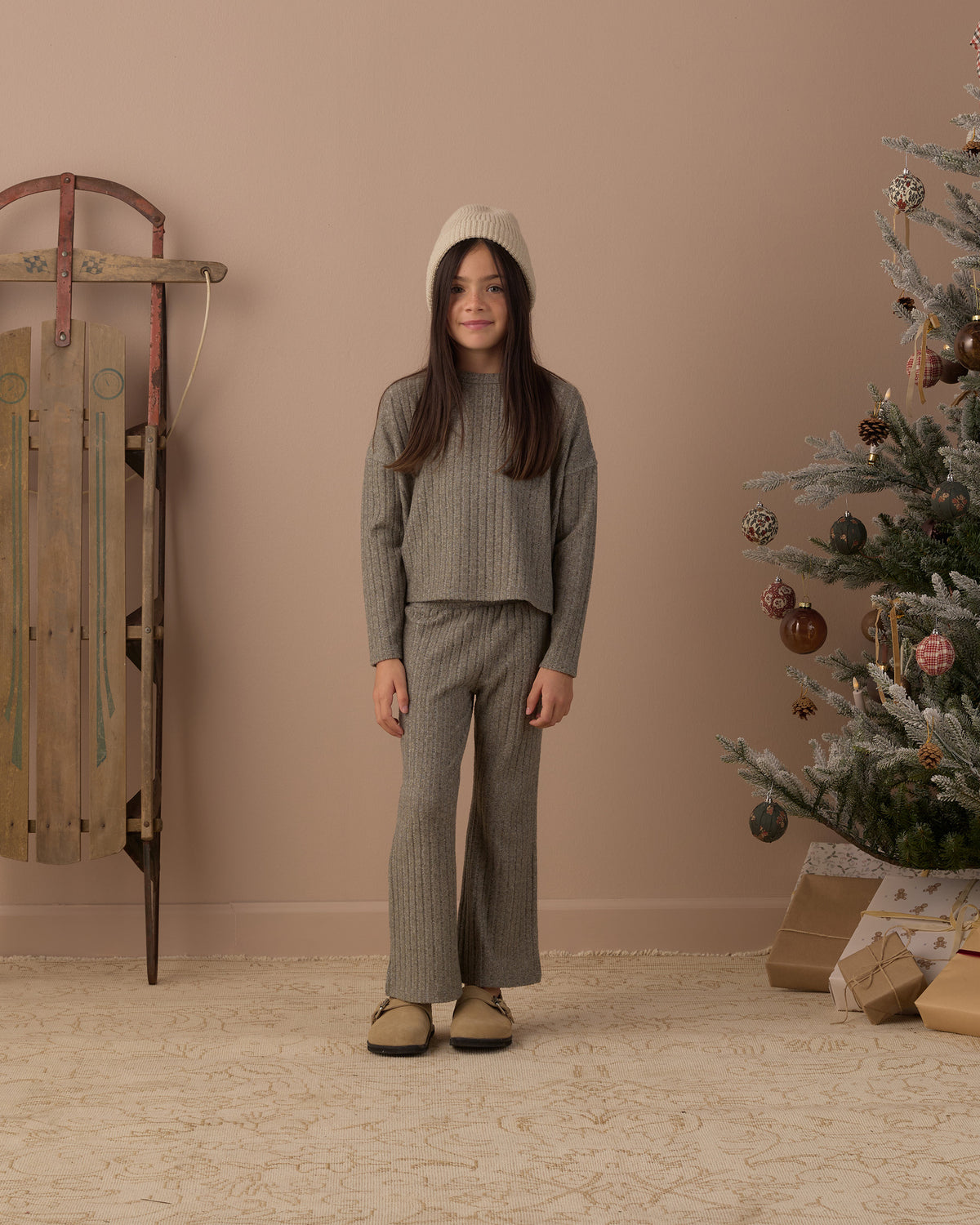 Rylee + Cru Girl's Cozy Rib Knit Set | Evergreen Full Length Model Studio Photo