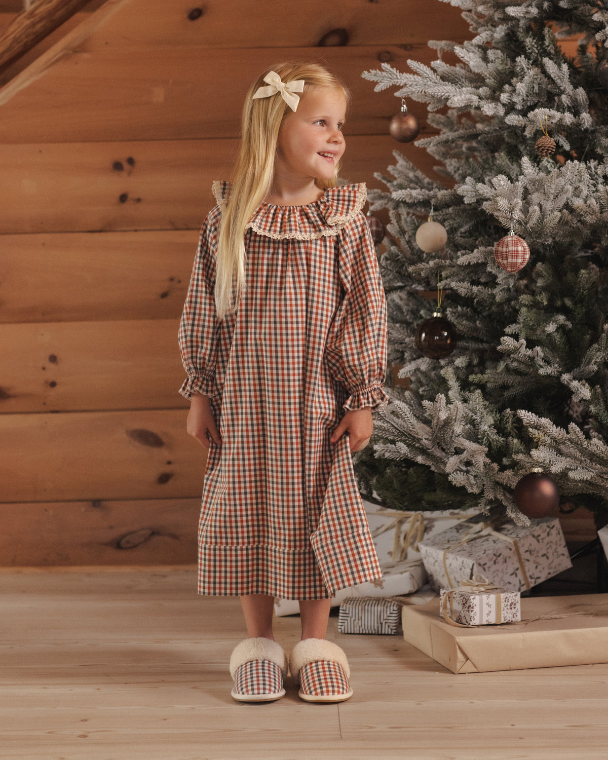 Rylee + Cru Girl's Nightgown | Holiday Gingham full length model