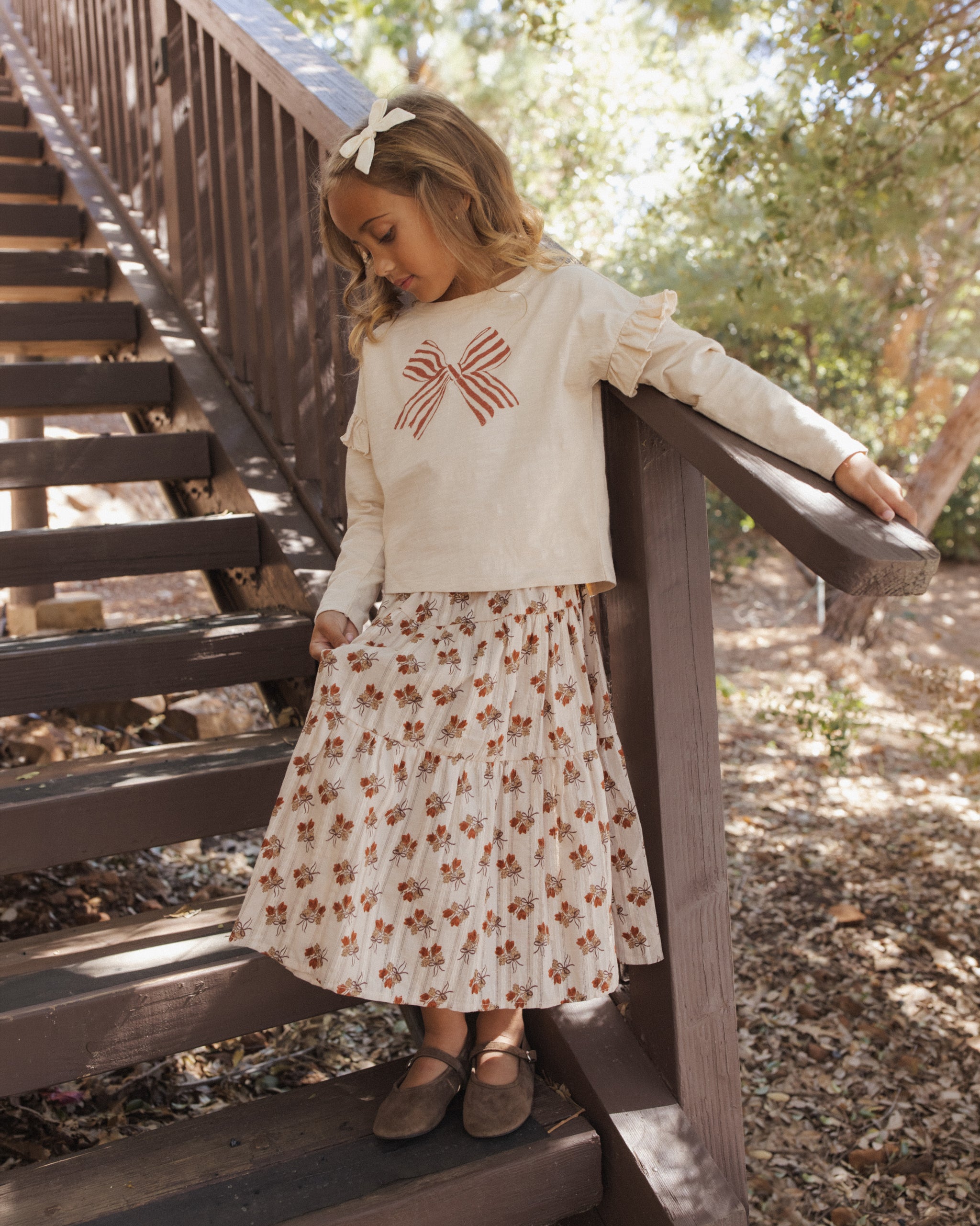 Rylee + Cru Girl's Ruffle Long Sleeve Tee | Bow Full Length Model Photo Lifestyle