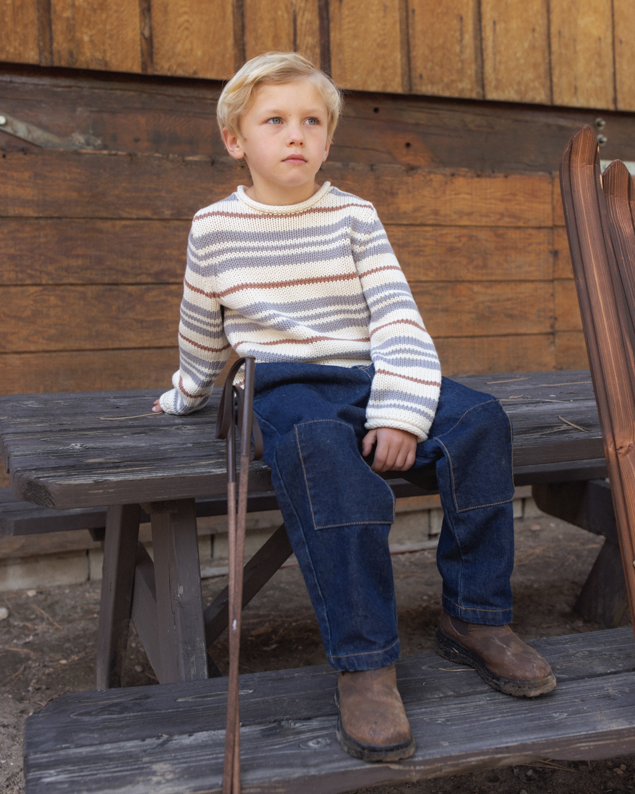 Boy modeling the Rylee + Cru Jacques Sweater | Dusty Blue Stripe front