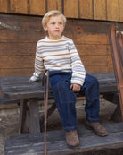 Boy modeling the Rylee + Cru Jacques Sweater | Dusty Blue Stripe front