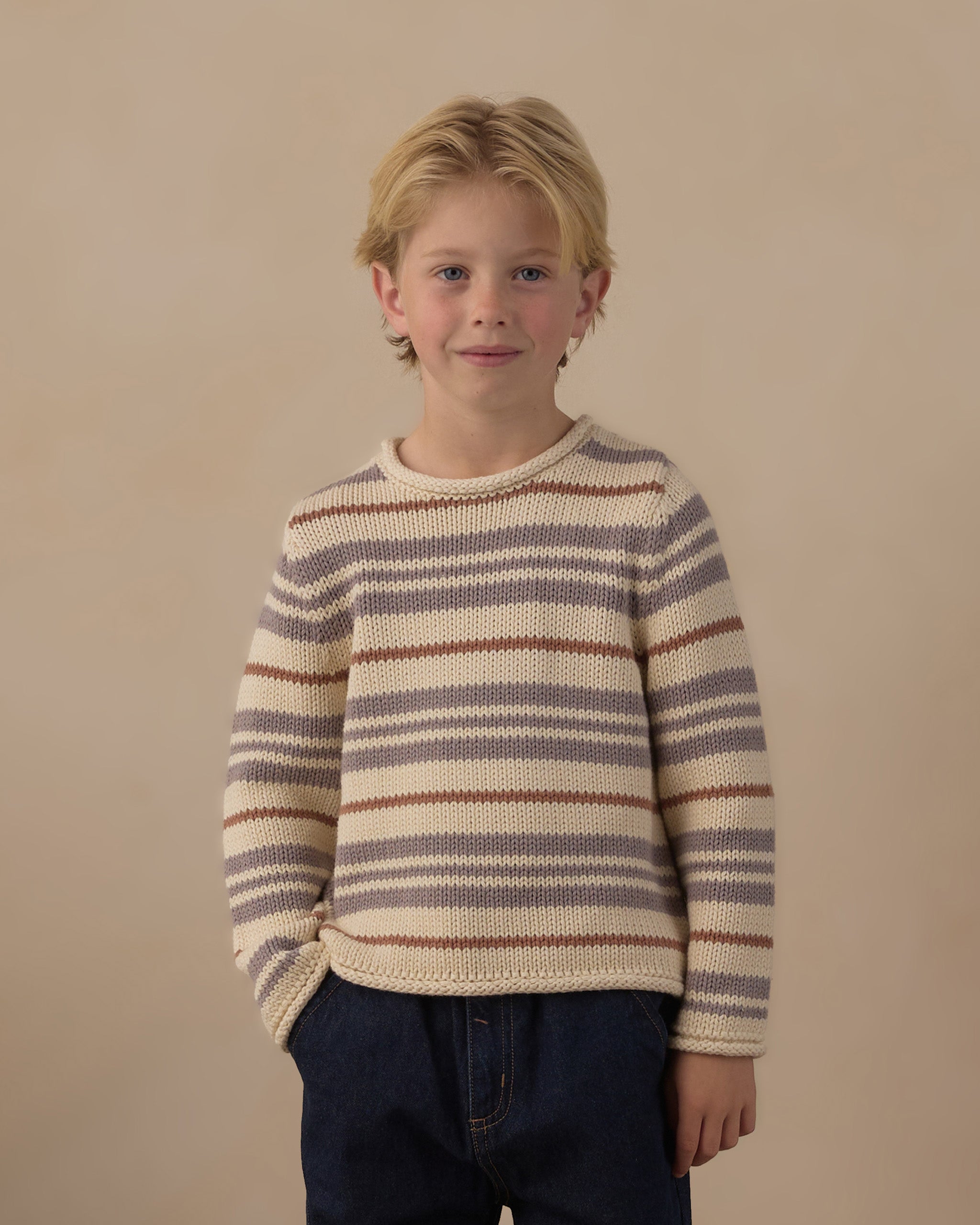 Boy modeling the Rylee + Cru Jacques Sweater | Dusty Blue Stripe