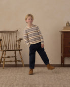Full portrait of boy wearing the Rylee + Cru Jacques Sweater | Dusty Blue Stripe